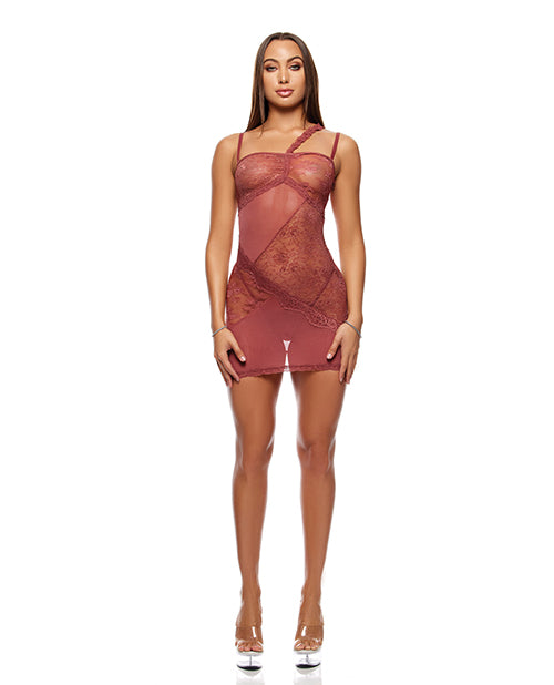 Patch of Petals Sheer Mesh and Lace Chemise w/Thong 2 pc Set - Mauve XL