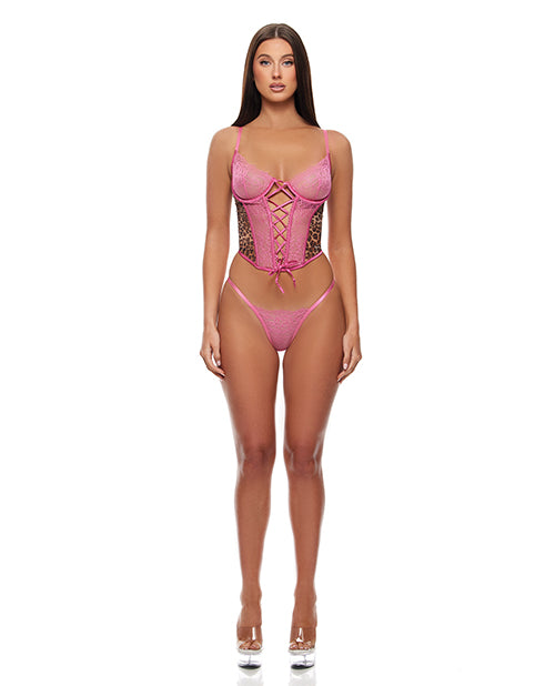 Animal Instincts Mesh Bustier & Panty 2 pc Set - Pink Leopard LG