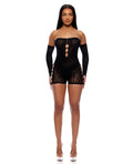 Cross Your Mind Romper Bodystocking w/Rhinestone Details & Gloves 2 pc Set - Black QN