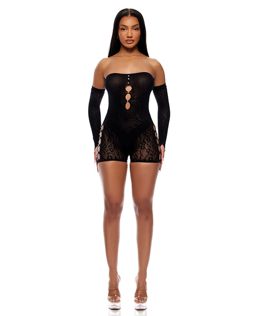 Cross Your Mind Romper Bodystocking w/Rhinestone Details & Gloves 2 pc Set - Black QN