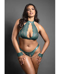 Domina Lace Bralette & Open Panty w/Detachable Chain-Link Handcuffs - Green QN