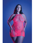 Back It Up Fishnet Halter Dress in Floral Knit - Neon Pink QN
