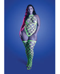 Adrenaline Halter Teddy & Stockings in Geometric Rhinestone Diamond Fishnet - Neon Green QN