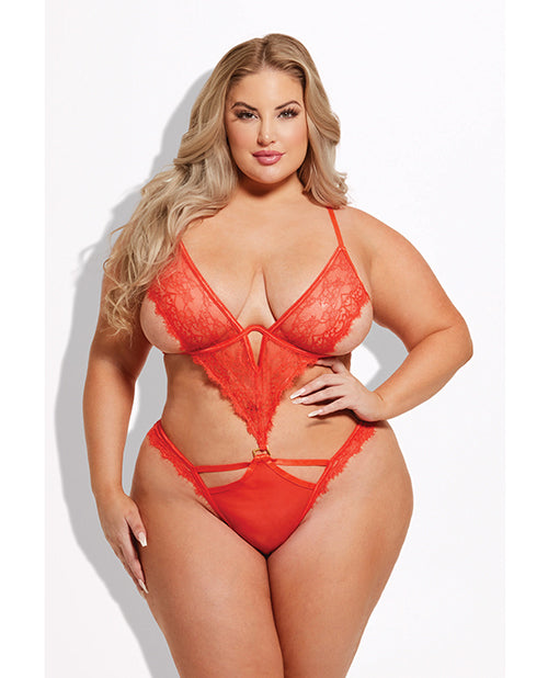 Nadia Lace & Mesh Cutout Teddy - Grenadine Dark Orange 1X/2X