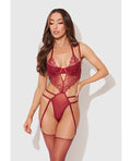 Eden Embroidered Lace & Mesh Teddy w/Garters - Dark Red LG