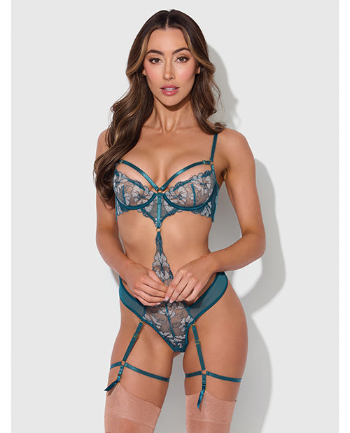 Nova Lace Teddy w/Garters - Jade Blue MD
