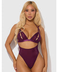 Yasmine Shimmer Mesh Slit Cup, Backless Teddy & Bralette Set - Burgundy SM