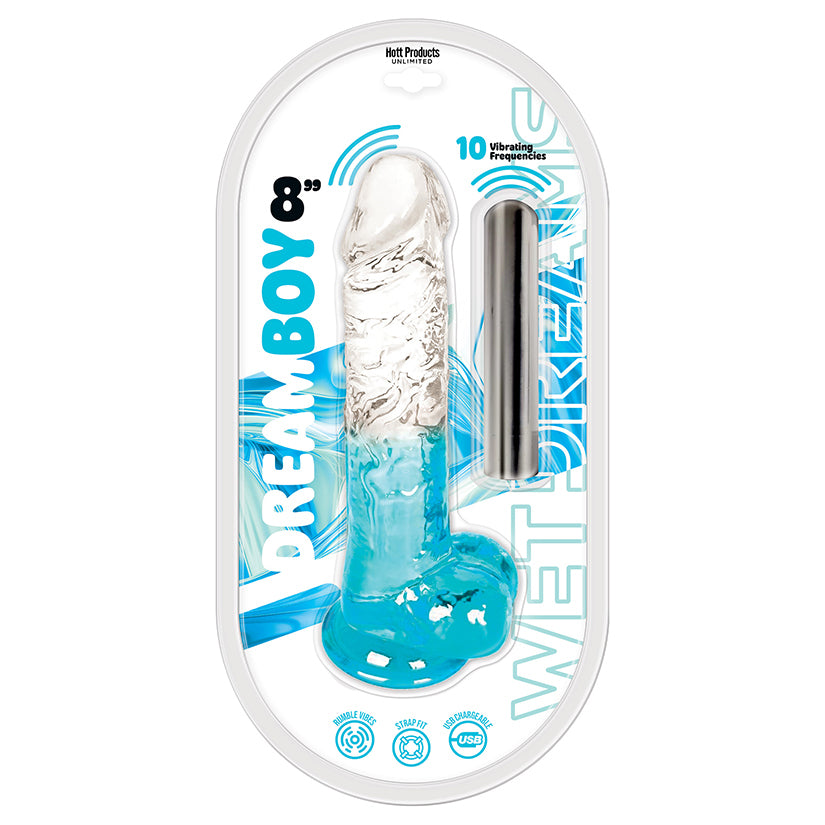Wet Dreams Dream Boy Vibrating Jelly Dildo-Clear Aqua 8"