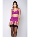 Soft Lace Bra, High Waist Satin & Mesh Garterbelt & G-String Fuchsia XL