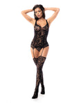 Floral Fishnet Bodice w/Attached Garters & Thigh High Stockings Black O/S