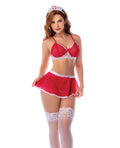 Nurse Mesh Lace-Trim Bralette, Flared Mini Skirt, Thong & Headpiece - Red/White L/XL