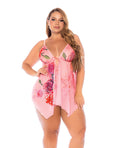 Floral Printed Mesh Babydoll w/Convertible Straps & G-String 2 pc Set - Pink 3X/4X