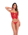 Sequin Embroidered Lace Bustier & Thong 2 pc Set - Red S/M