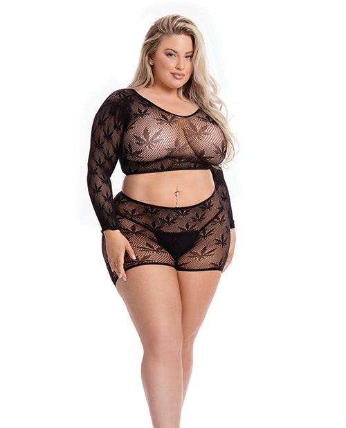 Pink Lipstick Leaf it to Me Long Sleeve Crop Top & Short Black QN