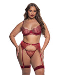 Beaded Belle Metallic Embroidered w/Bead Lace Top, Thong & Garter 3 pc Set - Red 1X
