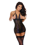 Lace & Mesh Peek a Boo Chemise w/Garter Black/Purple XL