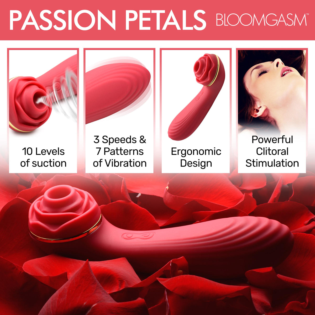 Bloomgasm Passion Petals 10X Silicone Suction Rose Vibrator-Red