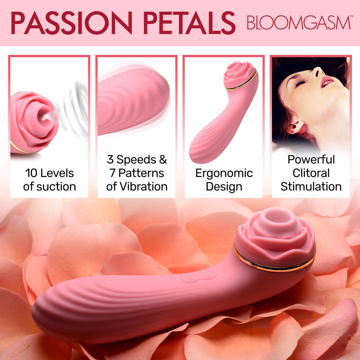 Bloomgasm Passion Petals 10X Silicone Suction Rose Vibrator-Pink