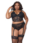 Lace Bustier w/Padded Cups & Gartered Thong Panty 2 pc Set - Black 3X/4X