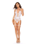 Jeweled Halter Lace & Mesh Bustier w/Attached Leg Garters & G-String 2 pc Set - White LG