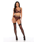 Forever Roses Embroidered Bralette w/Garter & G-String 3 pc Set - Black/Red XL