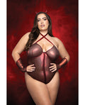 Raising Hell Front Zip Halter Teddy w/Fingerless Gloves & Headband 3 pc Set - Red 1X/2X