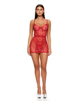 La Vie En Rose Metallic Embroidered Chemise, Panty & Belt 3 pc Set - Red LG