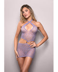 Vixen Serendipity Rhinestone Leopard Knit Keyhole Halter Dress - Lavender O/S