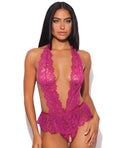 Jocelyn Lace Halter Teddy w/Open Crotch - Raspberry 3X/4X