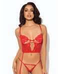 Cecily Lace & Mesh Bustier w/Thong & Garter Straps - Red MD