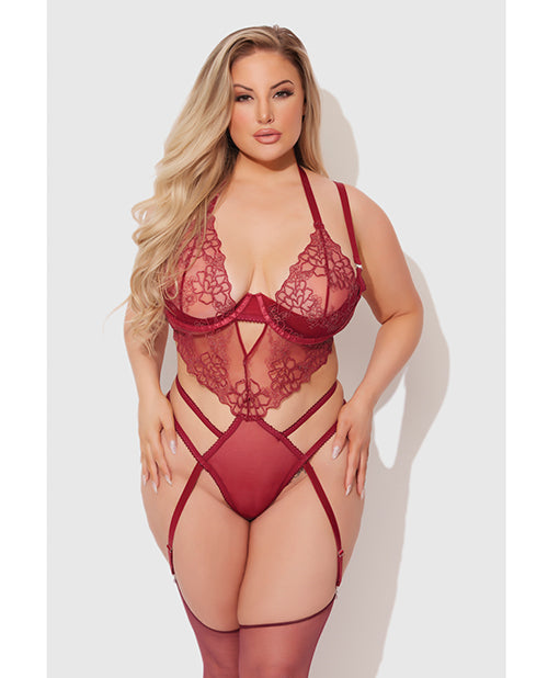 Eden Embroidered Lace & Mesh Teddy w/Garters - Dark Red 3X/4X