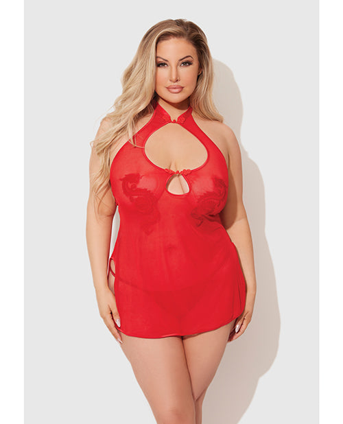 Dragon Mesh & Applique Chemise w/G-String 2 pc Set - Red 3X/4X