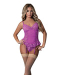 Butterfly Fantasies Gathered Corset w/Cheeky Panty & Attached Garters 2 pc Set - Neon Purple S/M