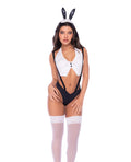 Sexy Bunny 3 pc Set w/Halter Top, Suspender Panty, & Bunny Ear Headband - Black/White L/XL