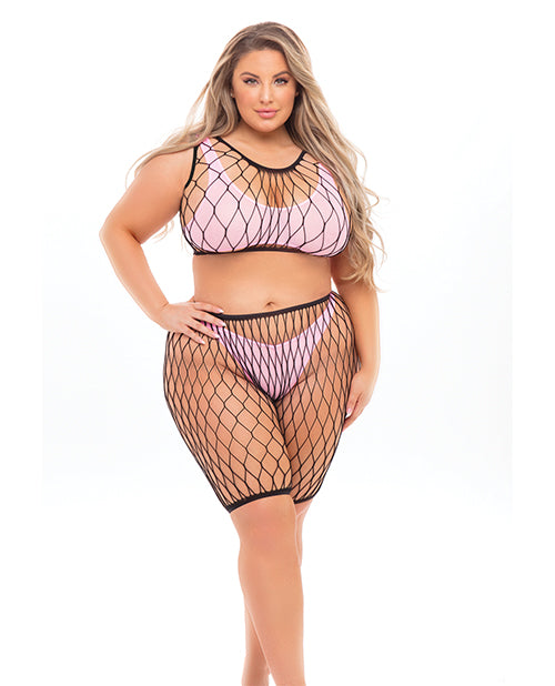 Pink Lipstick Brace for Impact Large Fishnet Top, Shorts, Bra & Thong (Fits up to 3X) PinkQN