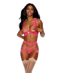 Lace Underwire Peek a Boo Bra, Garterbelt & G-String Coral MD
