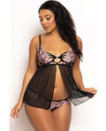 Floral Lace and Mesh Underwire Babydoll w/Open Back Panty 2 pc Set - Black/Pink MD